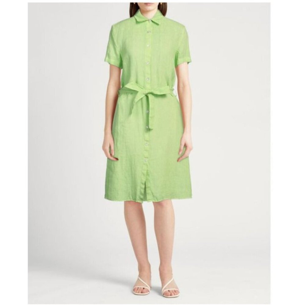 120% Lino Shirt Dress Lime Green Midi Linen Size XL or Italy 48 Belted Boho